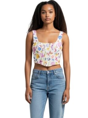 Kutumai Floral Square-Neck Cropped Tank Top - White Multi W/Stays Size Ptp 19"
